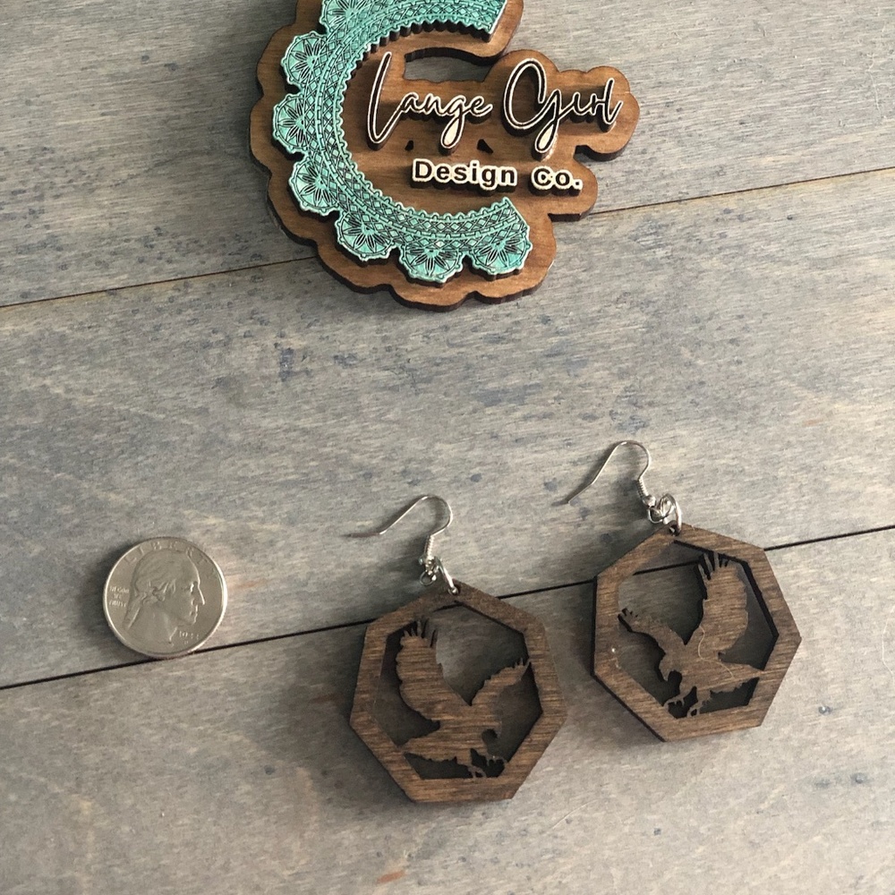 Handmade Wood Stained & Laser Cut Patriotic American Eagle USA Large Earrings